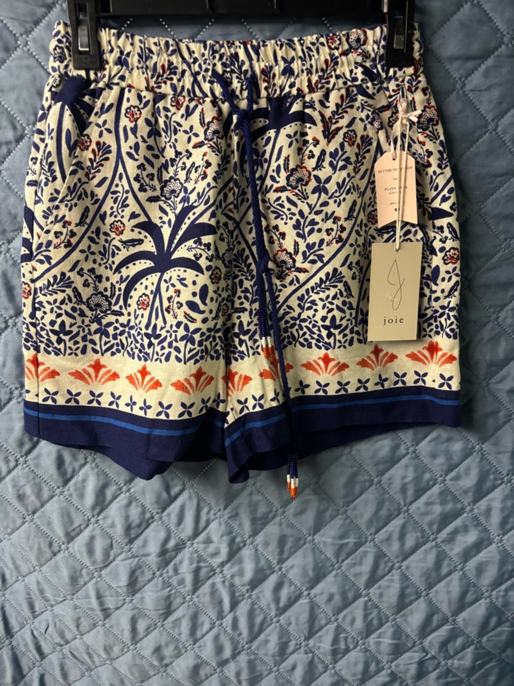 Joie Navy, Cream & Orange Floral High-Waist Drawstring Shorts